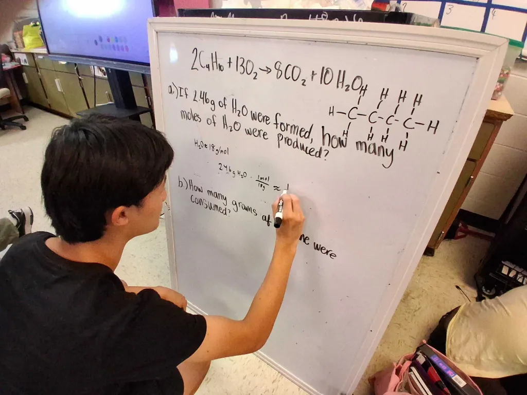 A tutor crouches at a whiteboard writing out a stoichiometry problem about burning butane, with the balanced equation and a drawn butane molecule above.